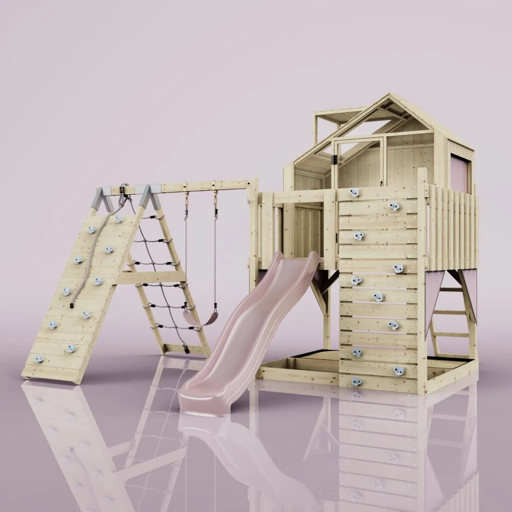 Rebo Outdoor Spielturm mit Wellenrutsche | Spielhaus aus Holz mit Kletterwand, Kletternetz, Ausführung: Kinderschaukel, Farbe: Altrosa